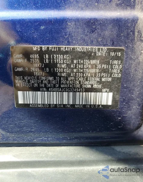 2016 Subaru Outback 2.5I Limited z USA, uszkodzony, nr VIN 4S4BSAJC0G3249453